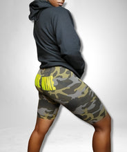 Load image into Gallery viewer, Camo Biker Shorts w/Neon Yellow Logo
